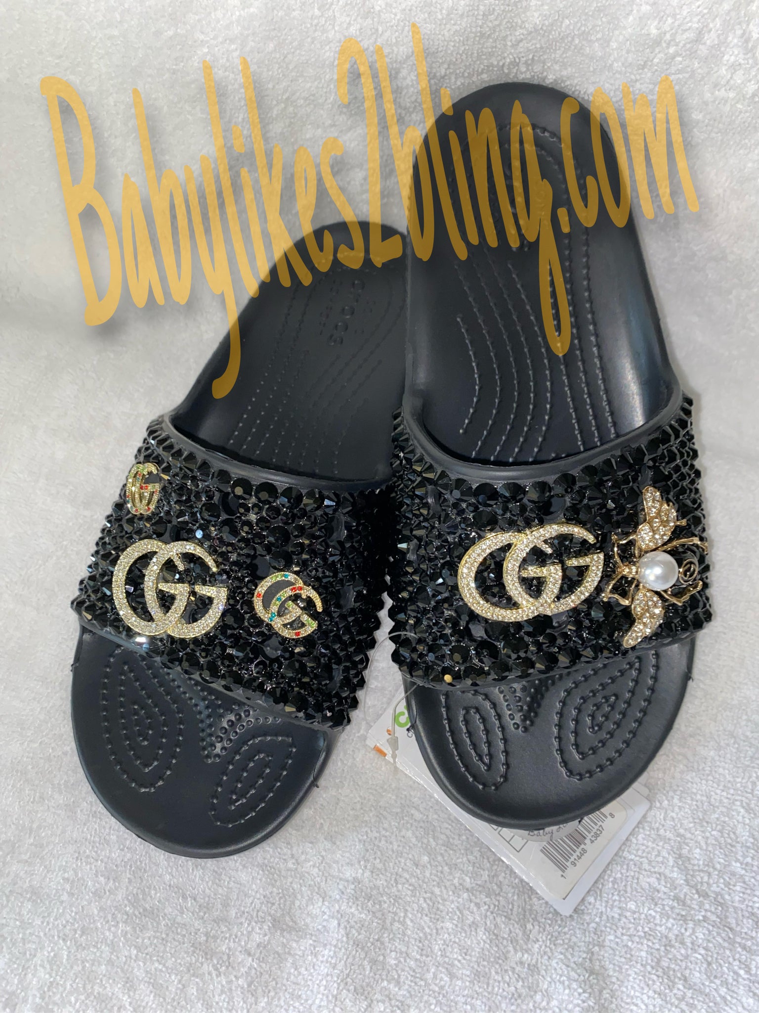 G Red, Black and Gold Bedazzled Crocs